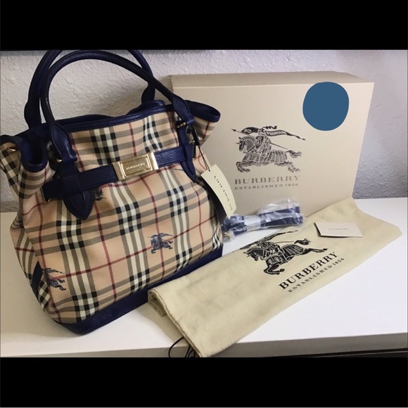 Burberry Handbags - 🛍🛍NWT Burberry Goldertone Haymarket Jet Blue Grainy Leather Tote NWT🛍🛍